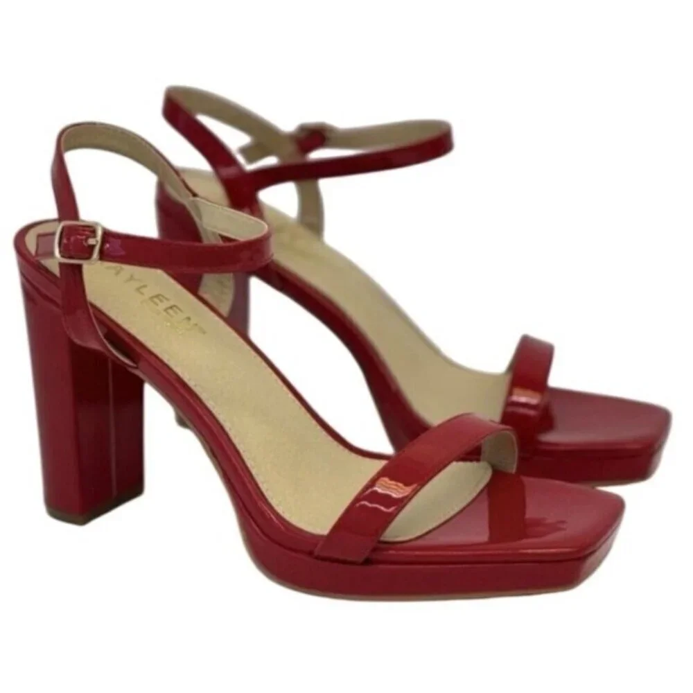 KAYLEEN / Nahlah-7 / Red Patent / Leather / Block Heel / Sandals With Ankle Stra
